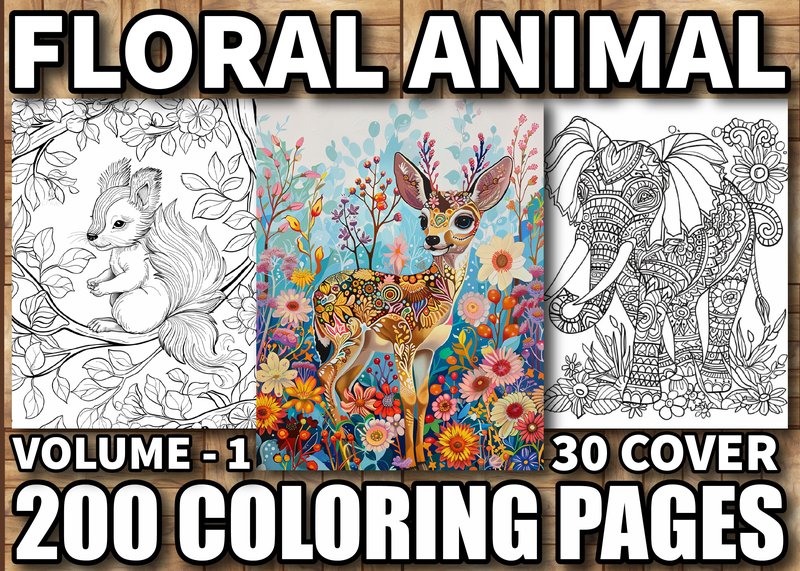 200 Floral Animal Coloring Pages Adults (by VIRTUAL ARTIST)