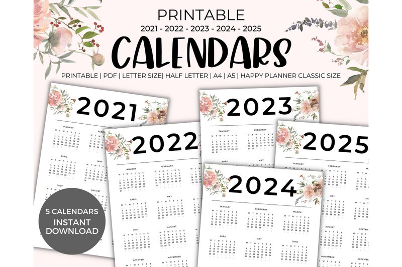 2021-2025 Calendars Printable (by Jennifer Magri Designs)