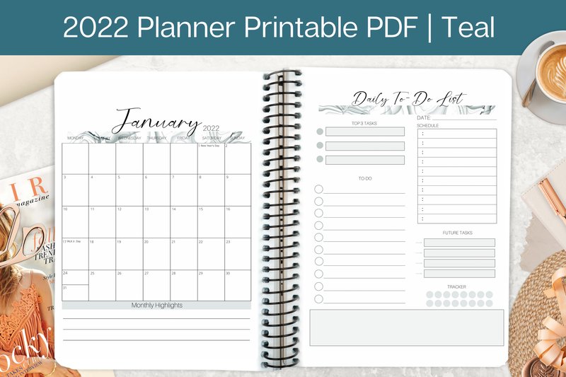 2022 Planner PDF Printable, Teal (by Hustle Smart Shop)