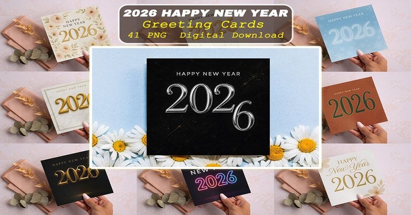 2026 Happy New Year Greeting Cards PNG Bundle (by Lazy Sun)