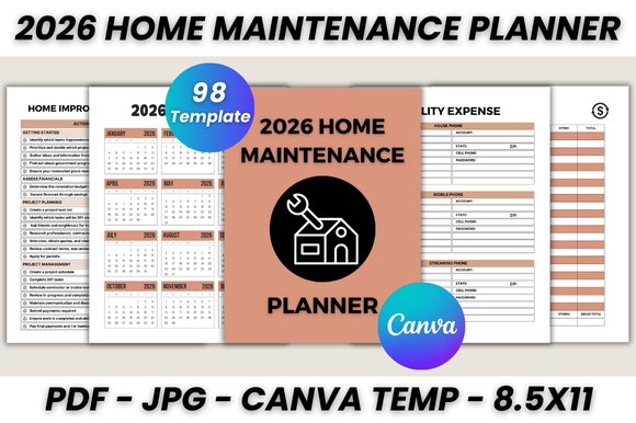 2026 Home Maintenance Planner Canva (by DIGITAL PRINT BOX)
