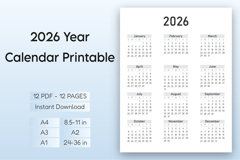 2026 Year Calendar Printable – B&W (by Mol Tazime)