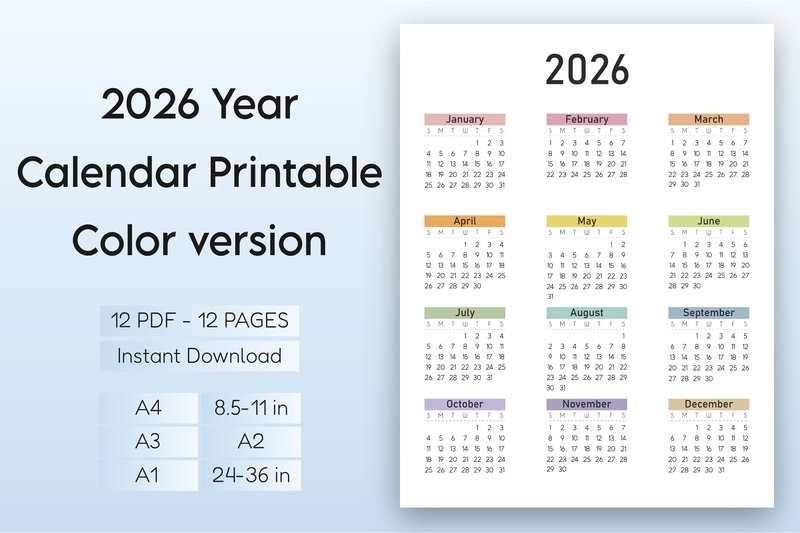 2026 Year Calendar Printable – Color V (by Mol Tazime)