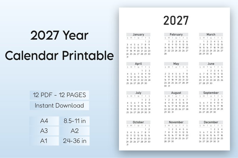 2027 Year Calendar Printable – B&W (by Mol Tazime)