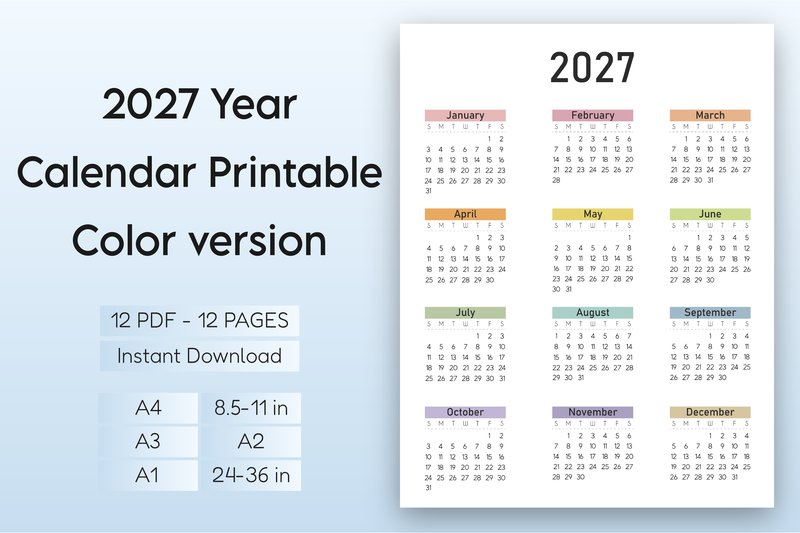 2027 Year Calendar Printable – Color V (by Mol Tazime)
