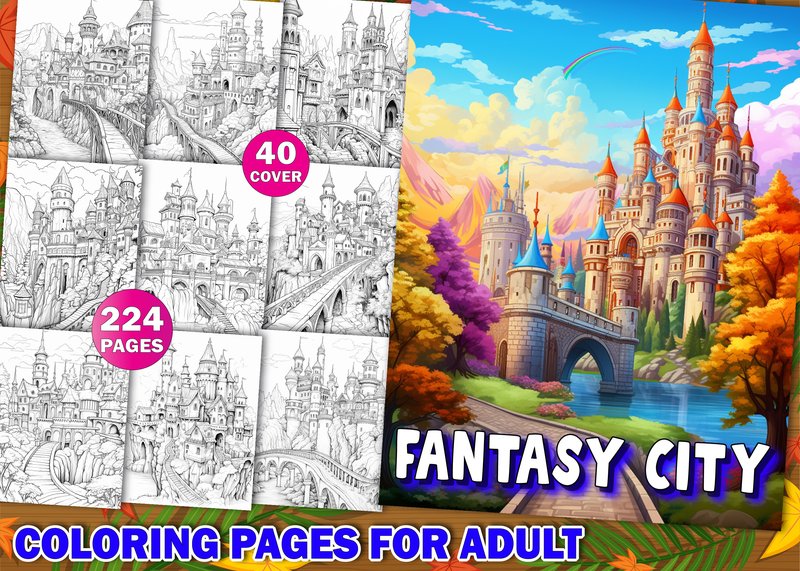 224 Fantasy City Coloring Pages Adults (by KDP PRO DESIGN)