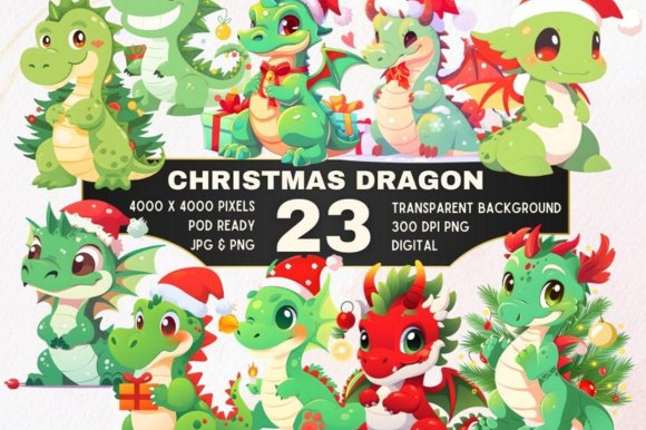 23 Fantasy Christmas Dragon Clipart Set (by Digital Nest Egg)