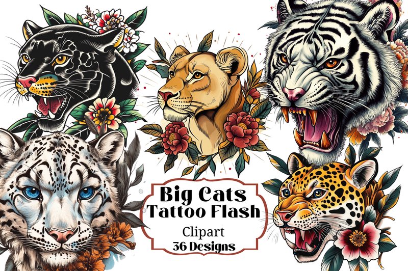 36 Big Cats Tattoo Flash Clip Art (by Laura Beth Love)