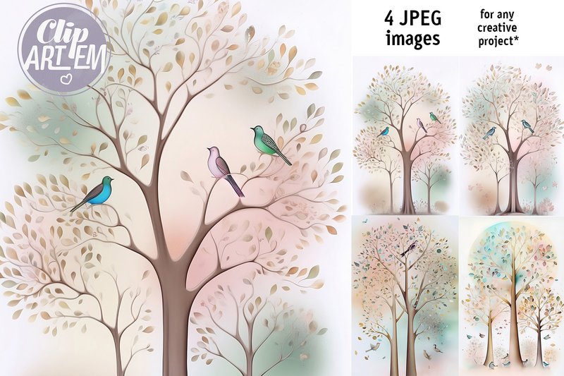 4 Tree Birds Wall Art Set Nursery Decor (by clipArtem)