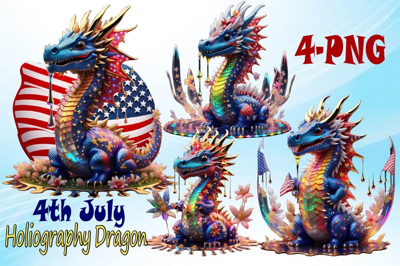 4th July Holiography Cute Dragon Clipart (by LR ART)