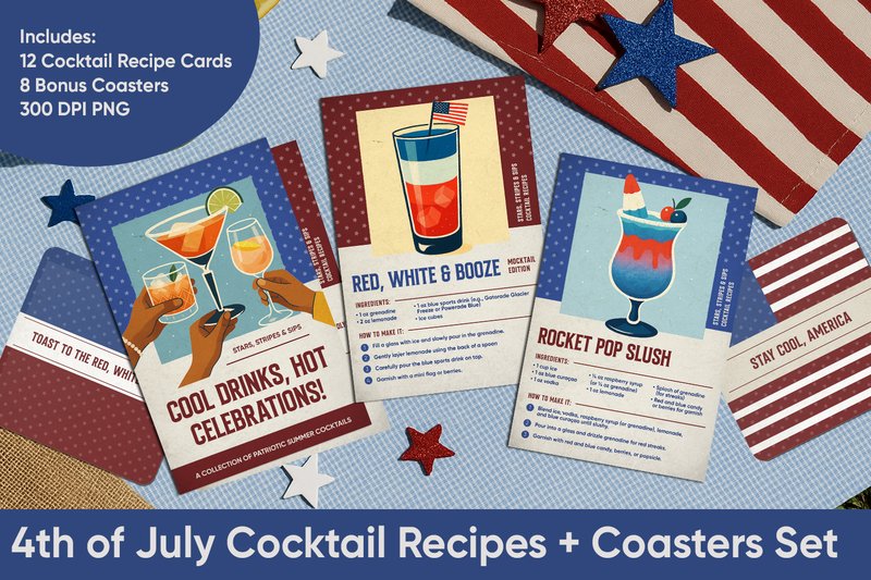 4th of July Cocktail Recipe Cards Set (by KMarinaDesign)
