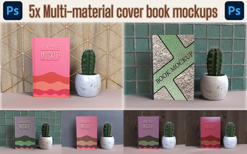 5x Multi-material Cover Book Mockups (by Rami's design)
