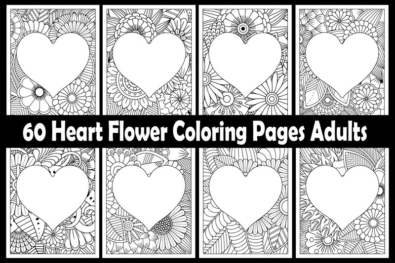 60 Heart Flower Coloring Pages Adults (by Pixvera)