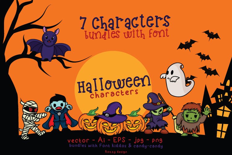 7 Halloween Characters Bundles with Font (by saykozzy)