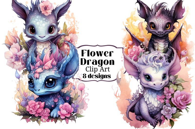 8 Fantasy Flower Dragon Clipart (by Laura Beth Love)