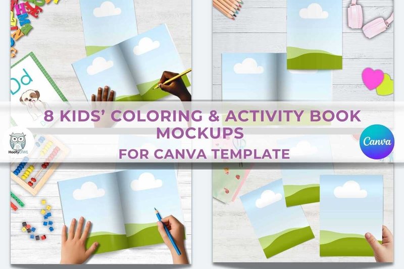 8 Kids’ Coloring & Activity Book Mockups (by HootyOwl)