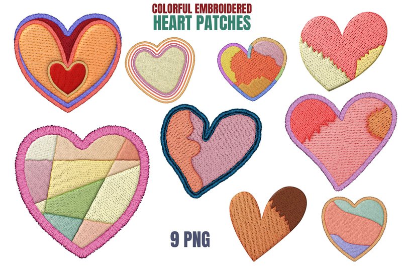 9 Colorful Heart Embroidery Designs (by ElementDesignAndArt)