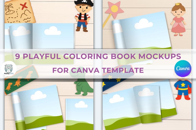 9 Playful Coloring Book Mockups - Canva (by HootyOwl)
