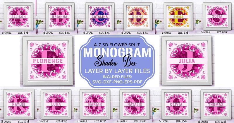 A-Z 3D Flower Split Monogram Shadow Box Bundle (by SVG creation)