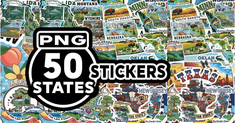 All 50 USA States Stickers PNG Bundle (by PinoCut)