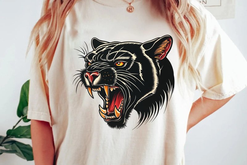 American Traditional Roaring Black Panther Vintage Tattoo Flash Art Design Png (by gregoraciiart)