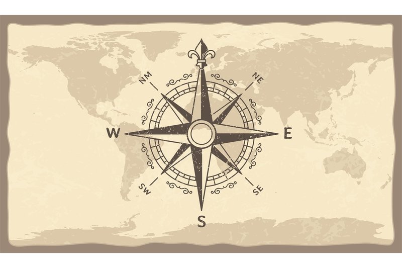 Antique Compass on World Map (by tartila.stock)