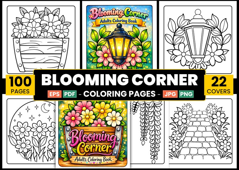 Blooming Corner Coloring Pages Adults (by MH Design Nest)