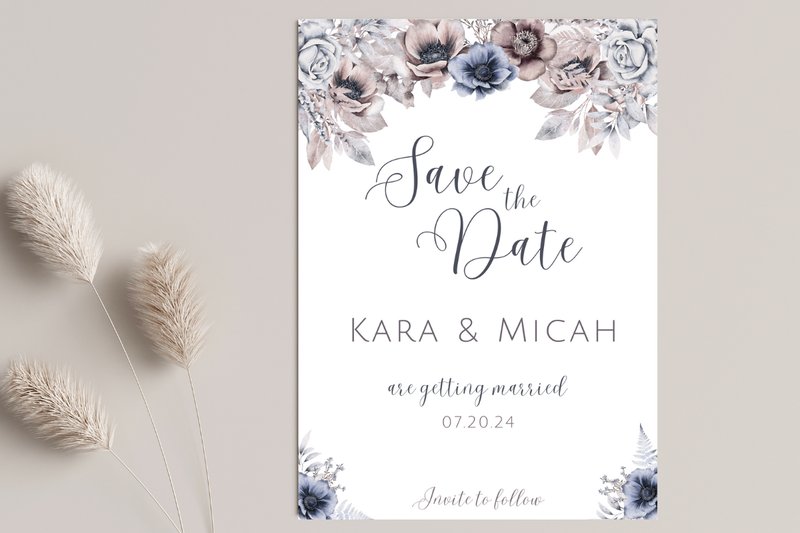 Blue and Beige Floral Save the Date (by Kat Trinity Designs)