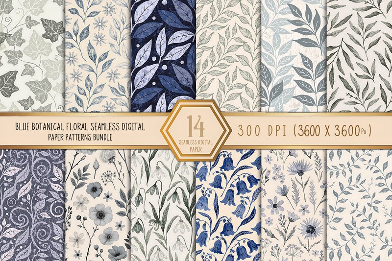 Blue Botanical Floral Seamless Patterns (by Craftfiles-SVG)