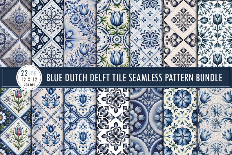 Blue Dutch Delft Tile Seamless Patterns (by Craftfiles-SVG)