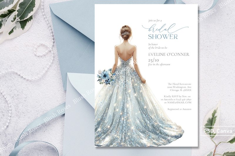 Blue Silver Glitter Bridal Dress Invite (by Blush Roses)
