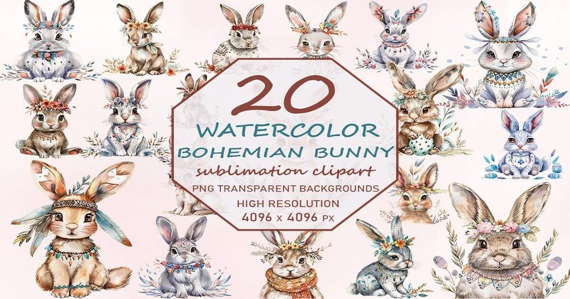 Boho Bunny Sublimation PNG Clipart Bundle (by Mulew)