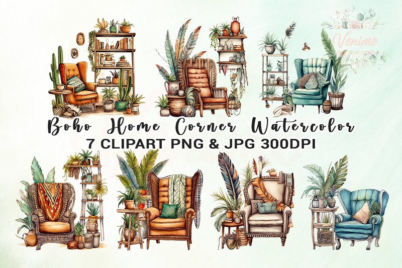 Boho Home Corner with Ưatercolor Clipart (by Venime)