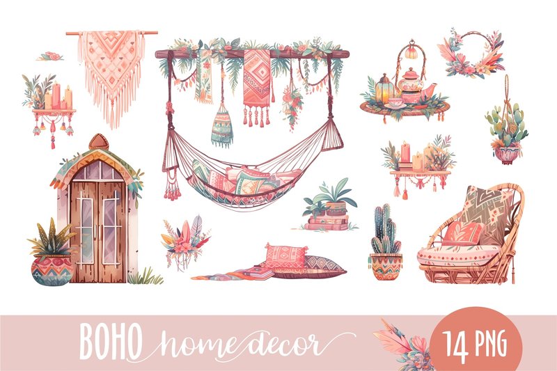 Boho Home Decor. Clipart Illustrations (by Nadia Grapes)