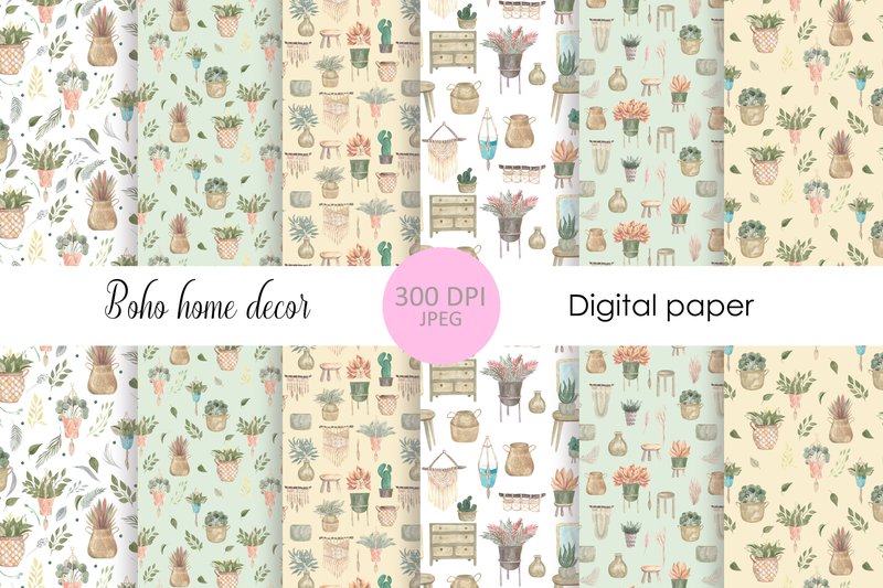 Boho Home Decor Digital Paper Pack (by WatercolorColorDream)