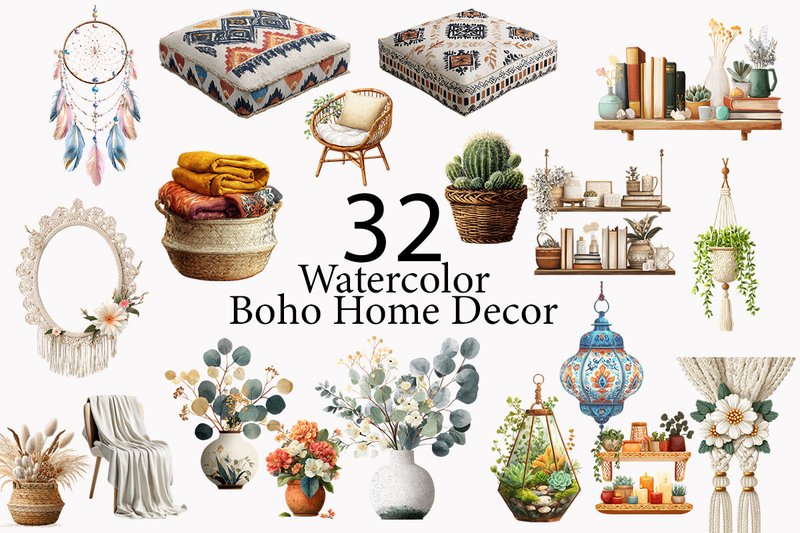 Boho Home Decor Watercolor Clipart   (by sumim3934)