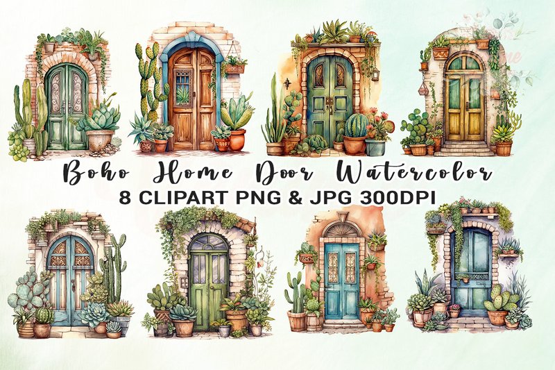 Boho Home Door with Watercolor Clipart (by Venime)
