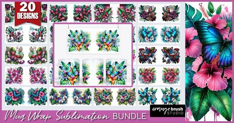 Butterfly Mug Wrap Sublimation Bundle (by Orange Brush Studio)