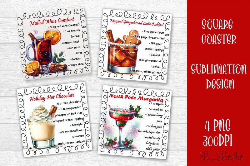 Christmas Coasters, Cocktail Recipes (by ElenaZlataArt)