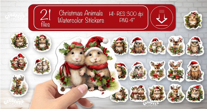 Christmas Stickers PNG Animal Bundle (by Createya Design)