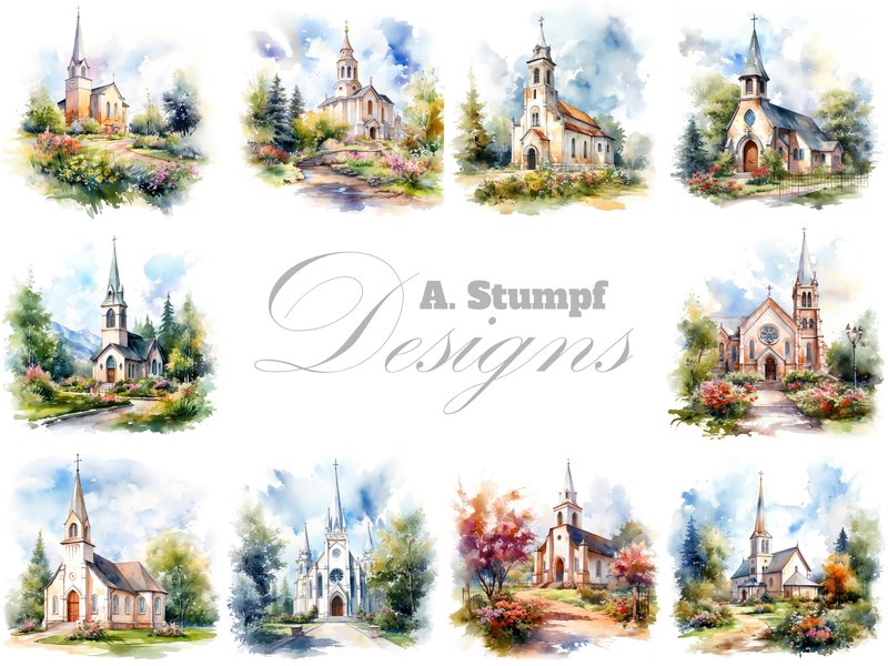 Church Watercolor Printable Clipart Set (by Andreas Stumpf Designs)