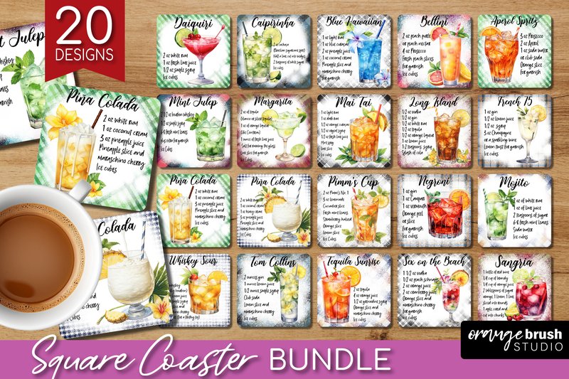 Cocktail Recipe Square Coaster Bundle (by Orange Brush Studio)
