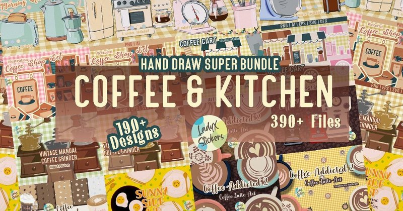 Coffee & Kitchen Hand Draw Super Bundle (by ladyxstickers)