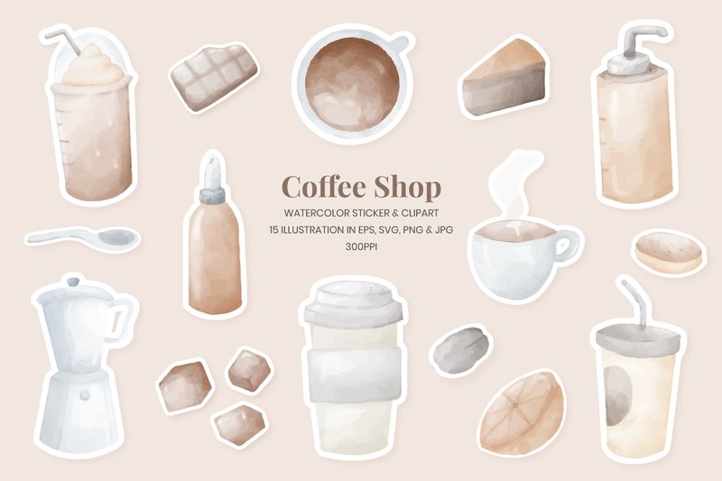 Coffee Shop Watercolor Clipart & Sticker (by Helotype)