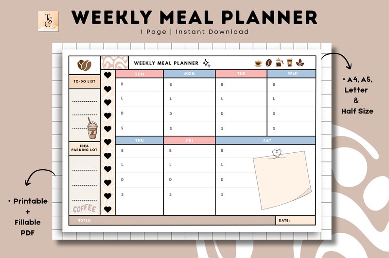 Coffee Weekly Meal Planner • Printable (by Tas Creative Studio)