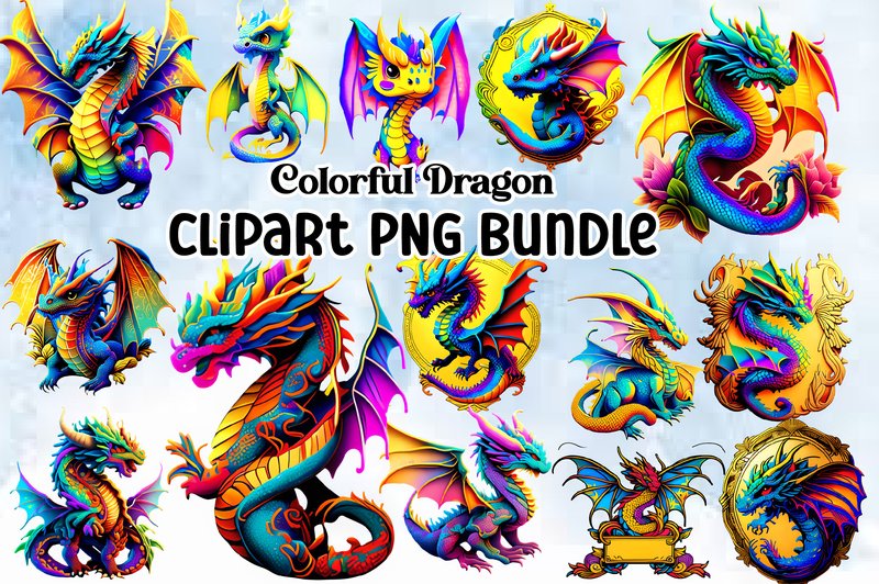 Colorful Dragon Clipart PNG Bundle (by Vintage)