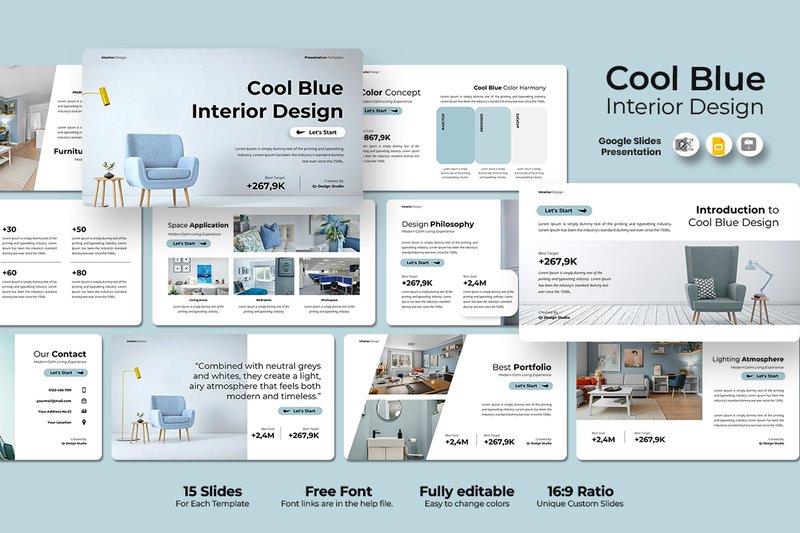 Cool Blue Interior Design Google Slides (by qrdesignstd)