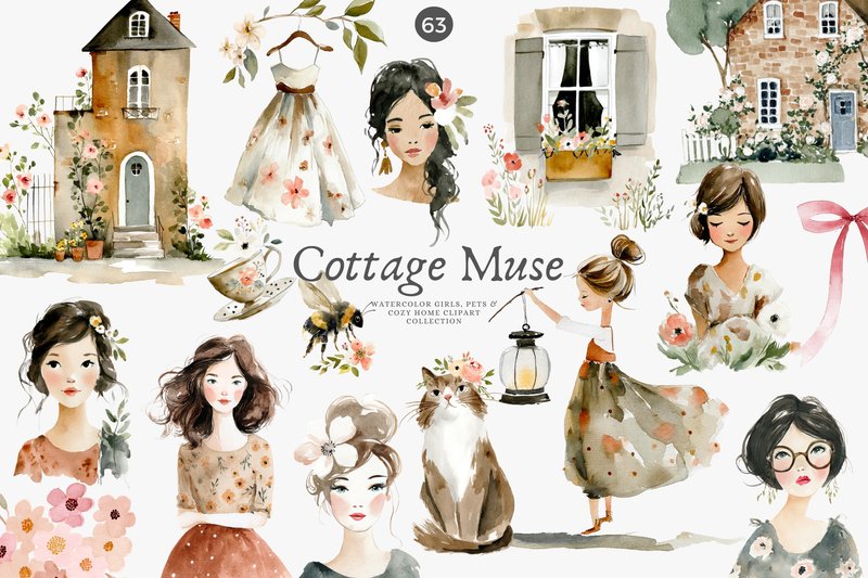 Cottagecore Clipart, Watercolor Girls (by Patishop Art)