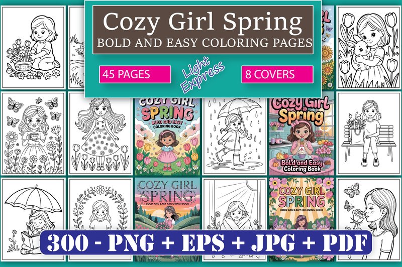 Cozy Girl Spring Coloring Pages Adults (by Design Express)