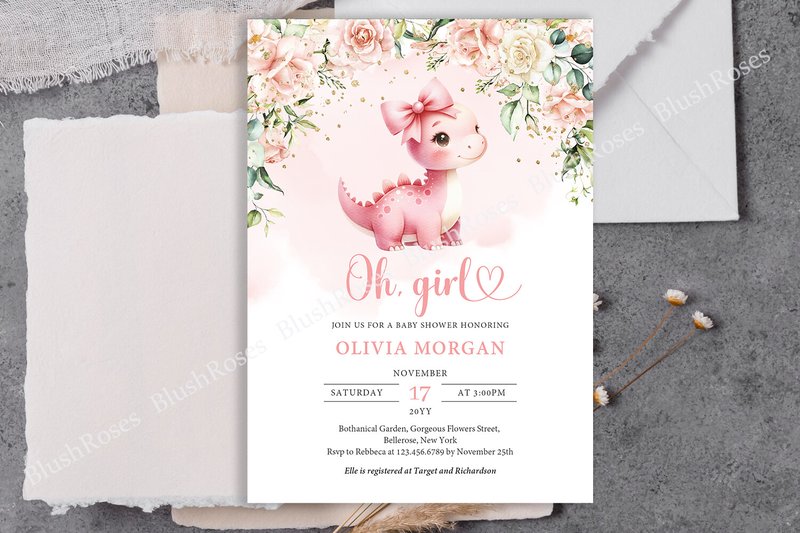 Cute Baby Girl Dinosaur Blush Roses Invi